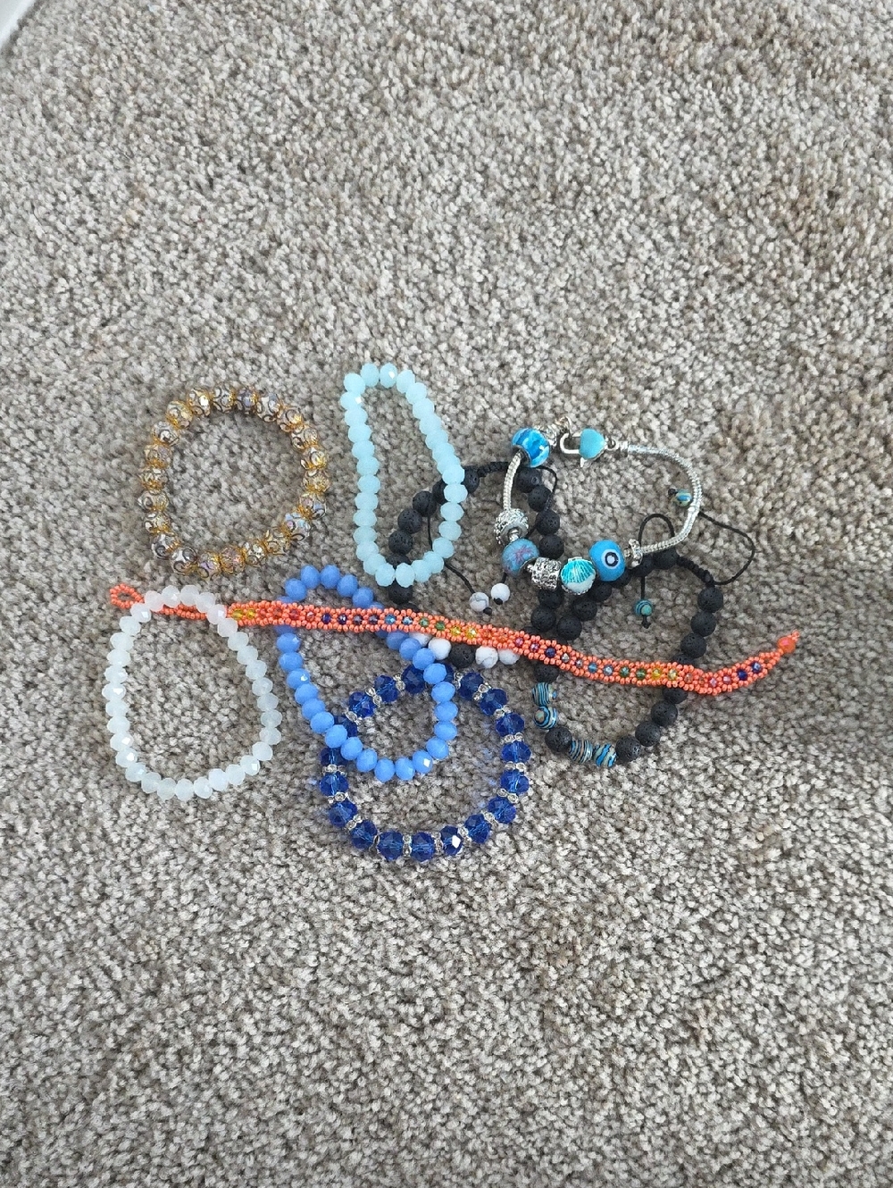 Assorted Beaded Bracelet Set - Blue, White, Black & Orange Accents